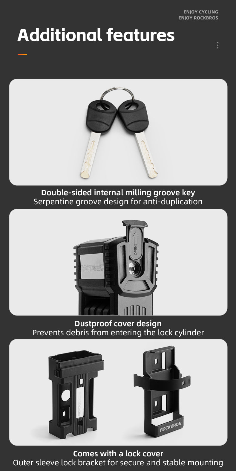 ROCKBROS MTB Road Bike Lock Key Folding Lock E-Bike Motorcycle Steel Lock Portable Antirust Anti-theft