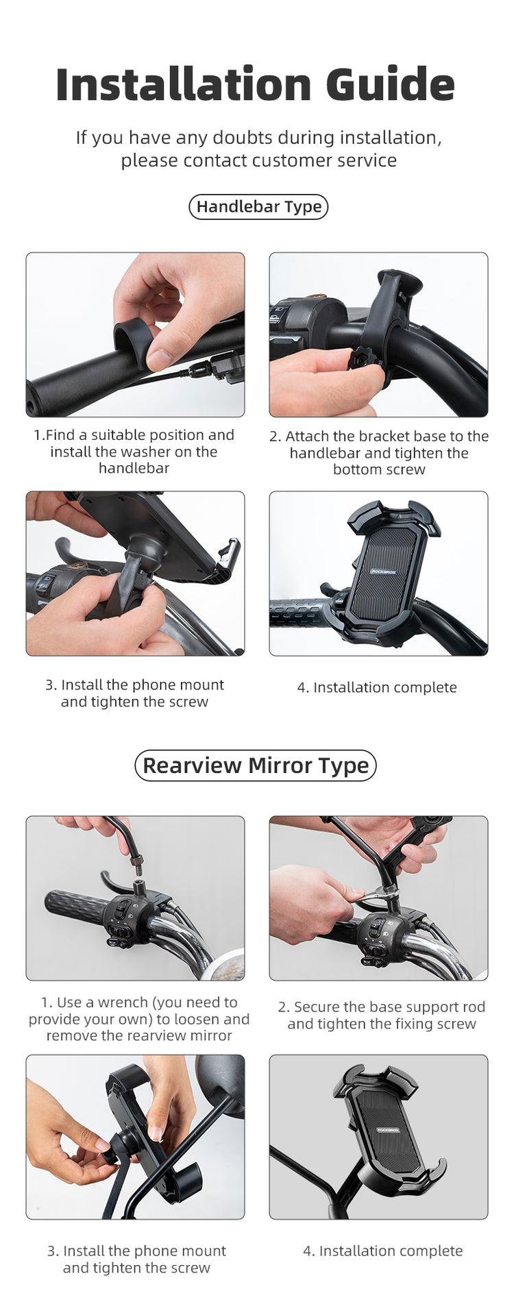 ROCKBROS 360° Rotatable Motorcycle Bike Phone Holder 4.7-6.8Inch Shockproof Cycling Cellphone Mount