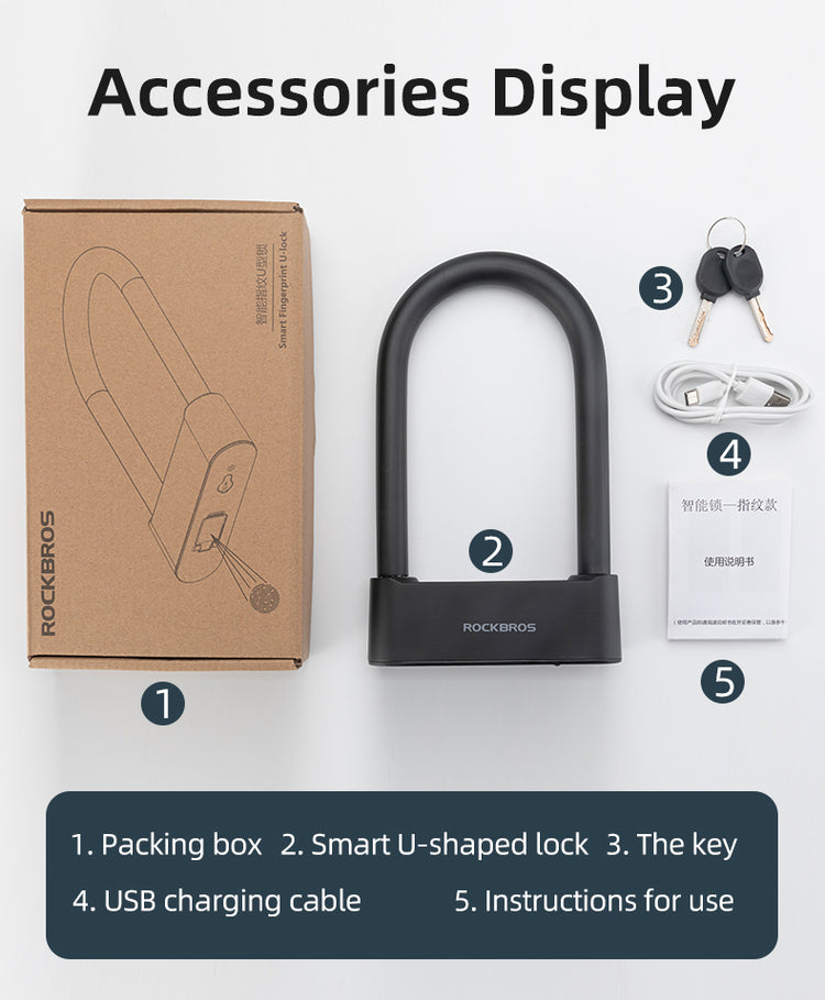 ROCKBROS Bike Lock Smart Fingerprint Key MTB Motor Key USB Repetitive Power Portable