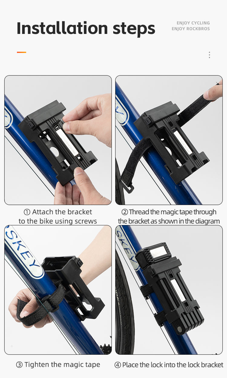 ROCKBROS MTB Road Bike Lock Key Folding Lock E-Bike Motorcycle Steel Lock Portable Antirust Anti-theft