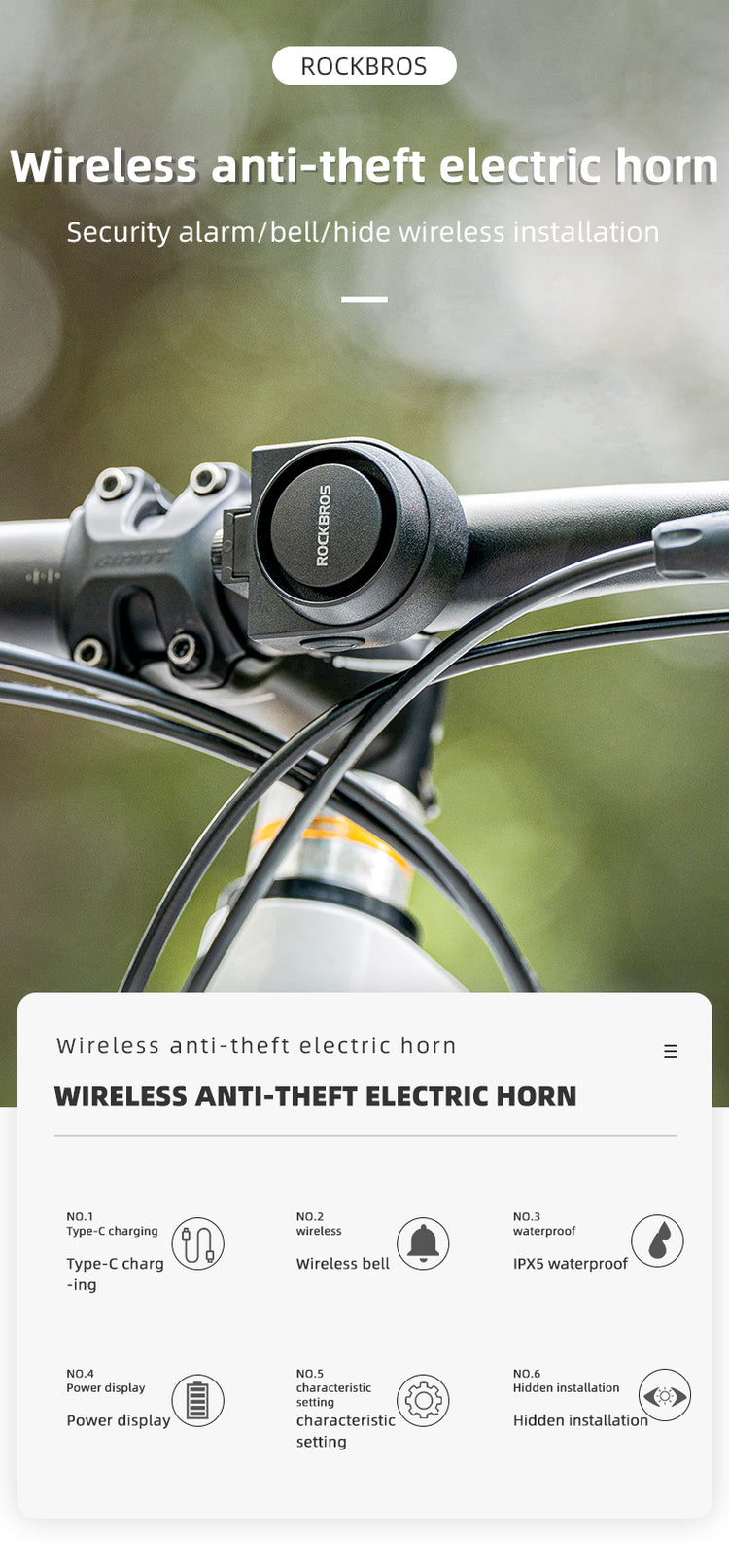 ROCKBROS Bike Horn Alarm with Remote 115dB Wireless Anti-Theft Vibration Bicycle Bell