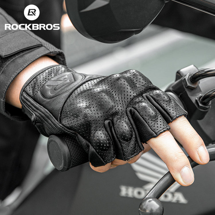 ROCKBROS Motorcycle Riding Gloves Fingerless Leather Shockproof Breathable Non-Slip