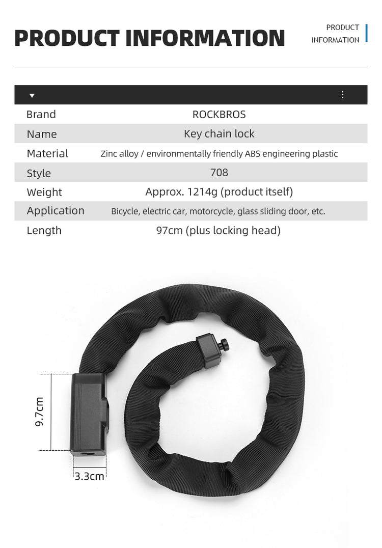Rockbros Bike Lock Chain With Stable Anti-theft Keys Cycling Road Climbing Lock