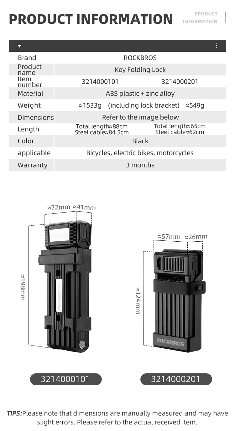 ROCKBROS MTB Road Bike Lock Key Folding Lock E-Bike Motorcycle Steel Lock Portable Antirust Anti-theft