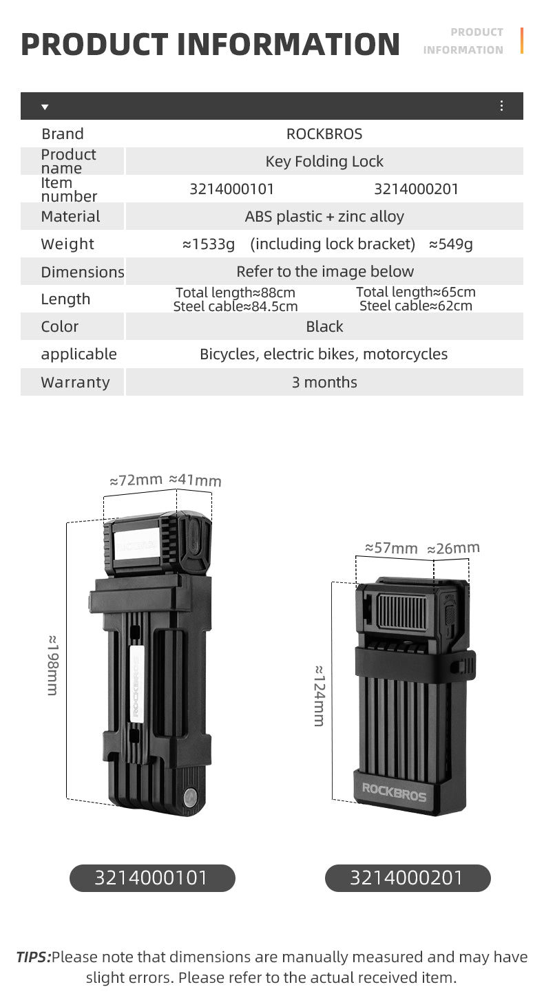 ROCKBROS MTB Road Bike Lock Key Folding Lock E-Bike Motorcycle Steel Lock Portable Antirust Anti-theft