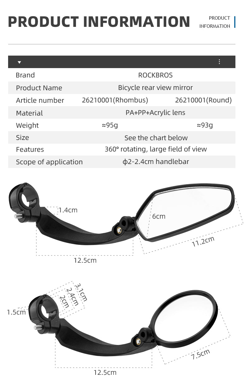 ROCKBROS Bike Handlebar Rear View Mirror 360° Rotation Adjustable