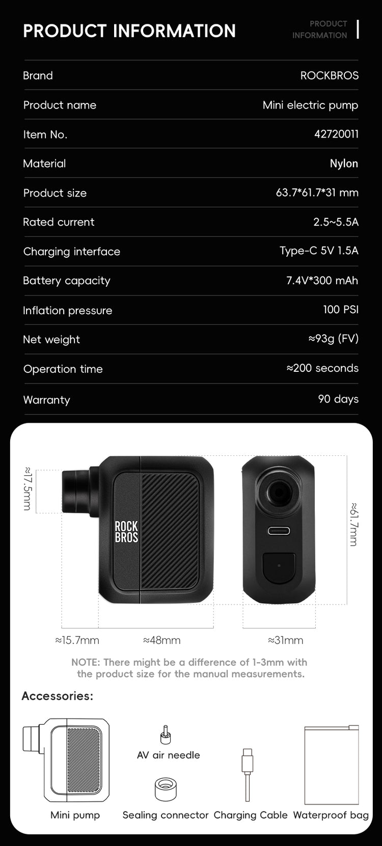 ROCKBROS AS110 Portable Mini Electric Bike Tire Pump 100PSI