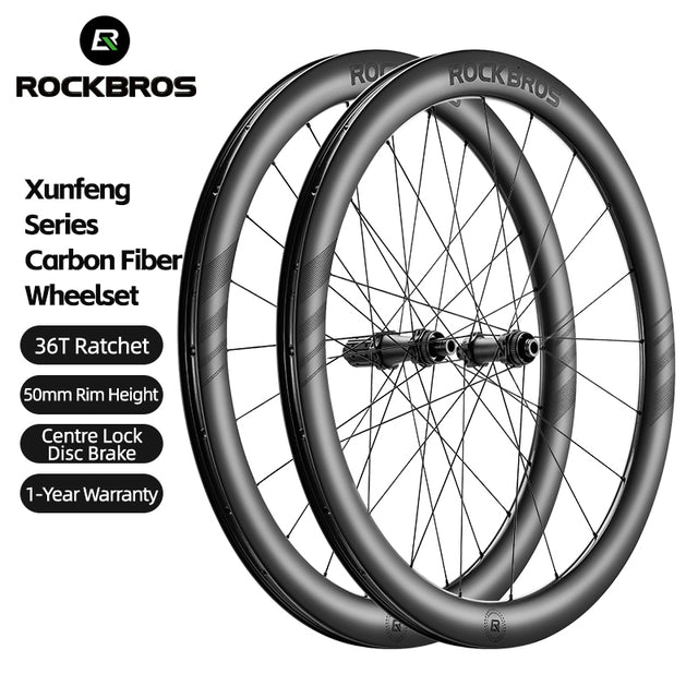 ROCKBROS Road Bike Carbon Fiber Wheelset 50mm Rim Disc Brake 700C Bike Wheels Clincher/Tubeless