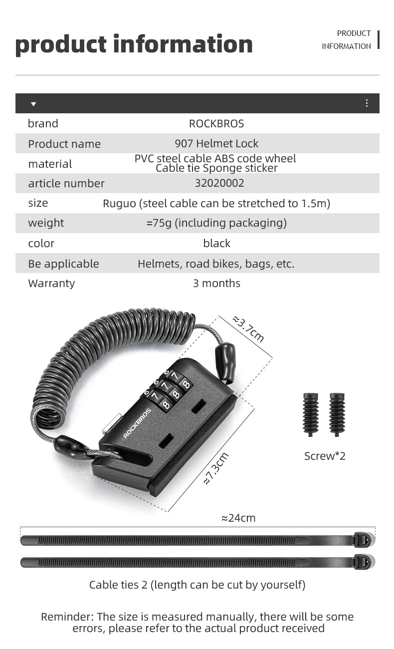 ROCKBROS Bicycle Cable Lock 1.5M Portable Bike Lock Combination Helmet Lock