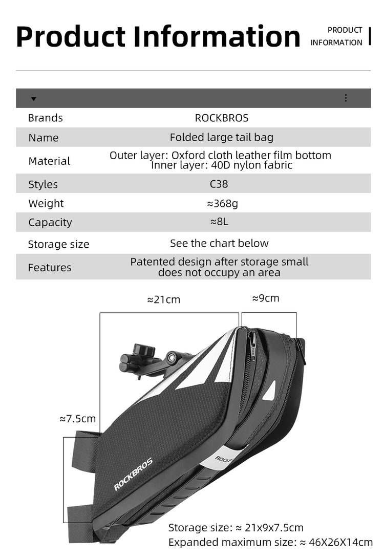 ROCKBROS Bike Saddle Bag Foldable 8L Waterproof Bicycle Seat Bag Tail Bag