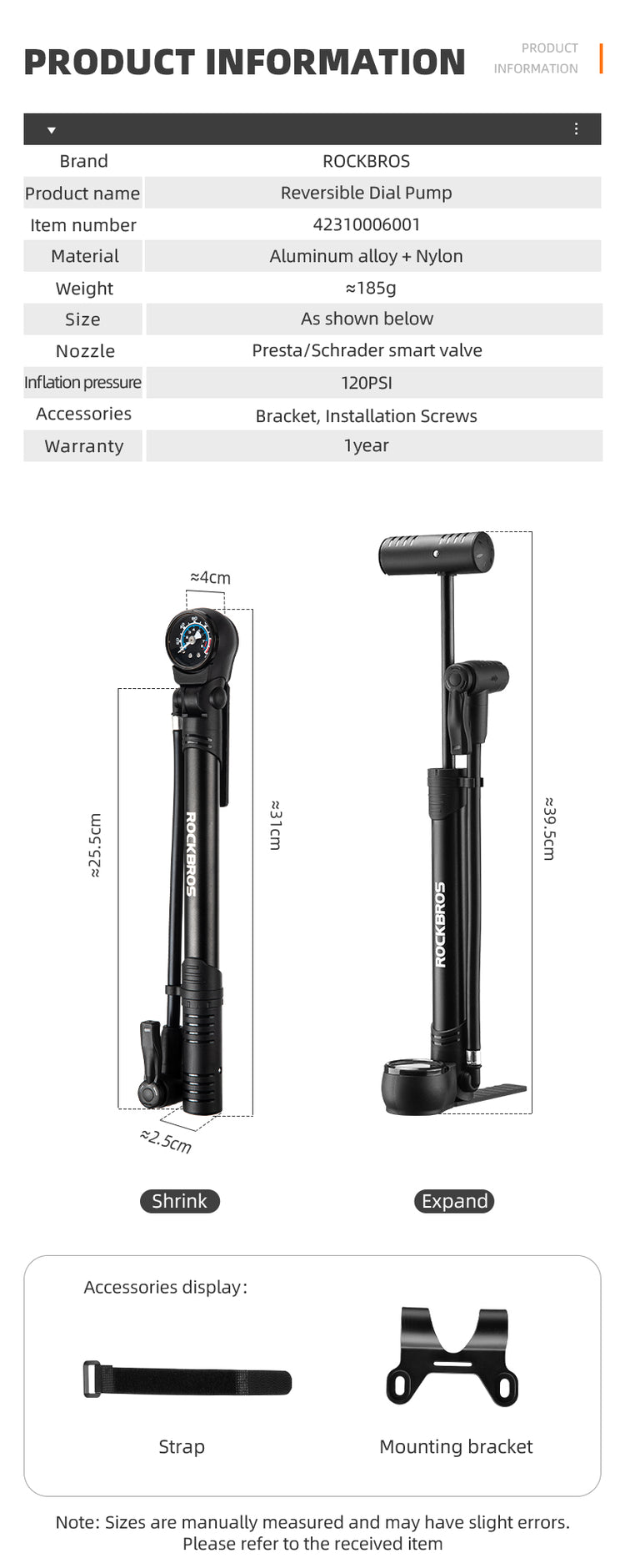 ROCKBROS Bicycle Bike Foot Pump With Gauge 120PSI Presta/Schrader Valve
