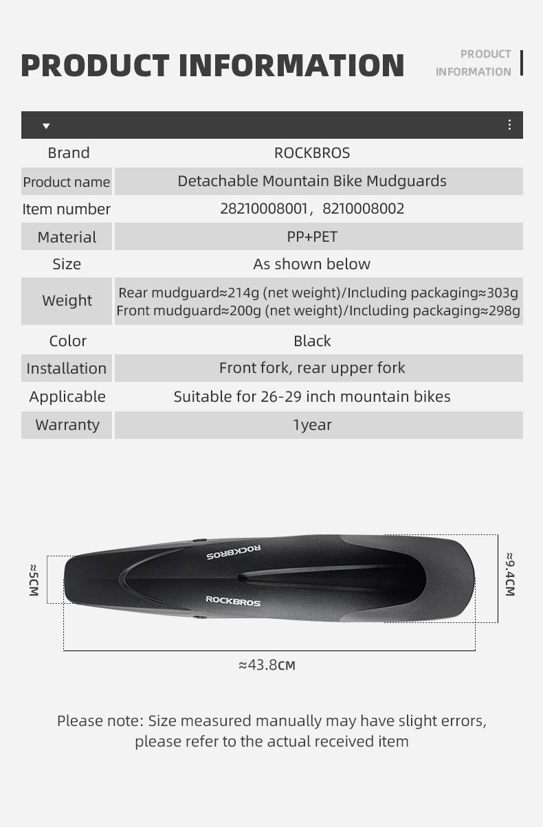 ROCKBROS Mountain Bike Front&Rear Fenders 26-29 inch MTB Mudguard Adjustable Quick Release
