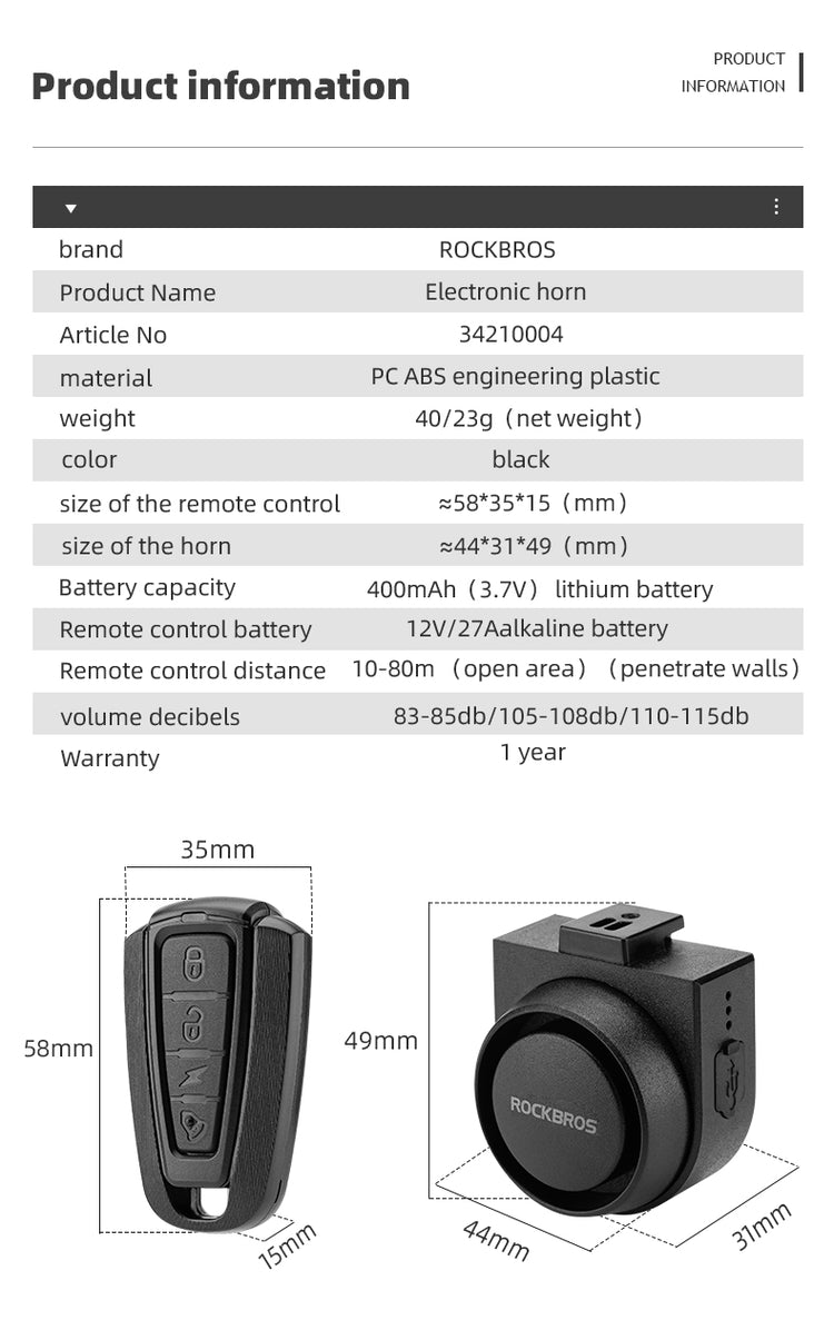 ROCKBROS Bike Horn Alarm with Remote 115dB Wireless Anti-Theft Vibration Bicycle Bell