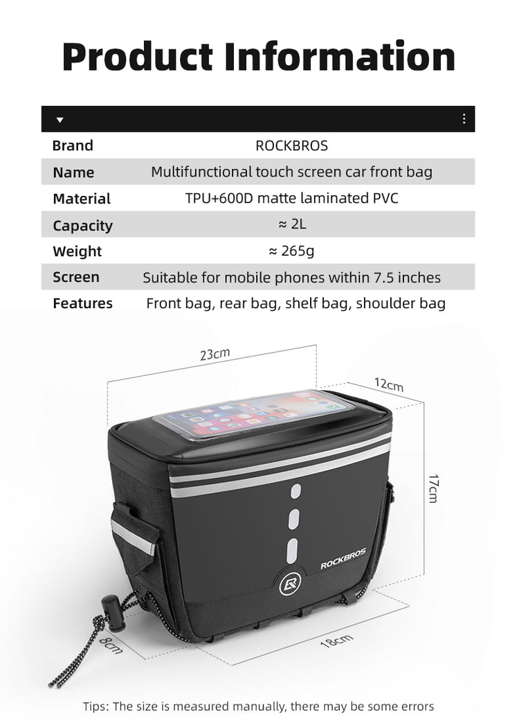 ROCKBROS Motorcycle Bike Handlebar Bag Bicycle Front Storage Bags Bike Phone Mount Pouch Bag with Removable Shoulder Strap for Road Mountain Commute Bike