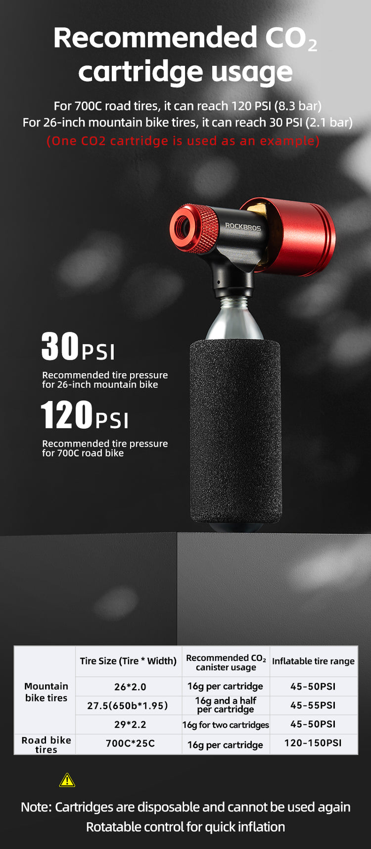 ROCKBROS Bicycle CO2 Pump Head With Guage Compact MTB Bike Tire Inflation Head