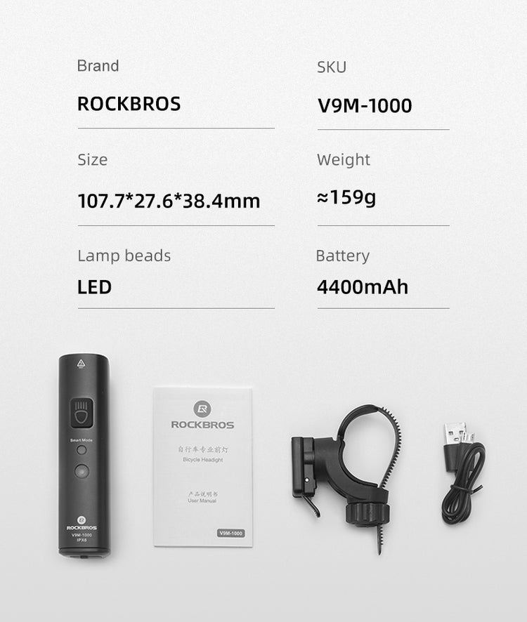 ROCKBROS 1000 Lumen Front Bike Light V9M-1000 + Smart Bike Brake & Tail Light 24520007001