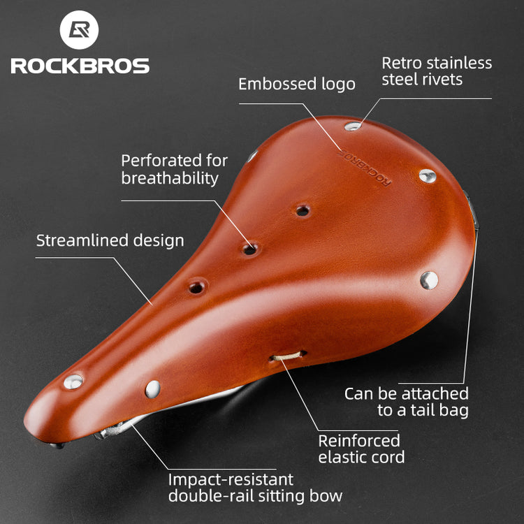 ROCKBROS Vintage Bicycle Saddle Retro Brown Cowhide Handmade Cycling Bike Seat