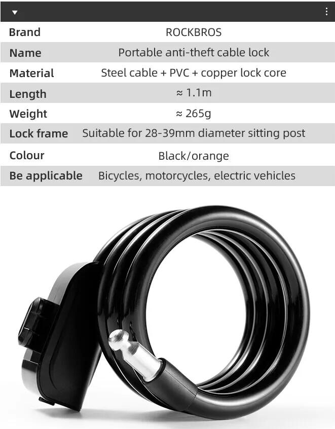 ROCKBROS MTB Bicycle Bike Cable Lock With Bracket 1.1M