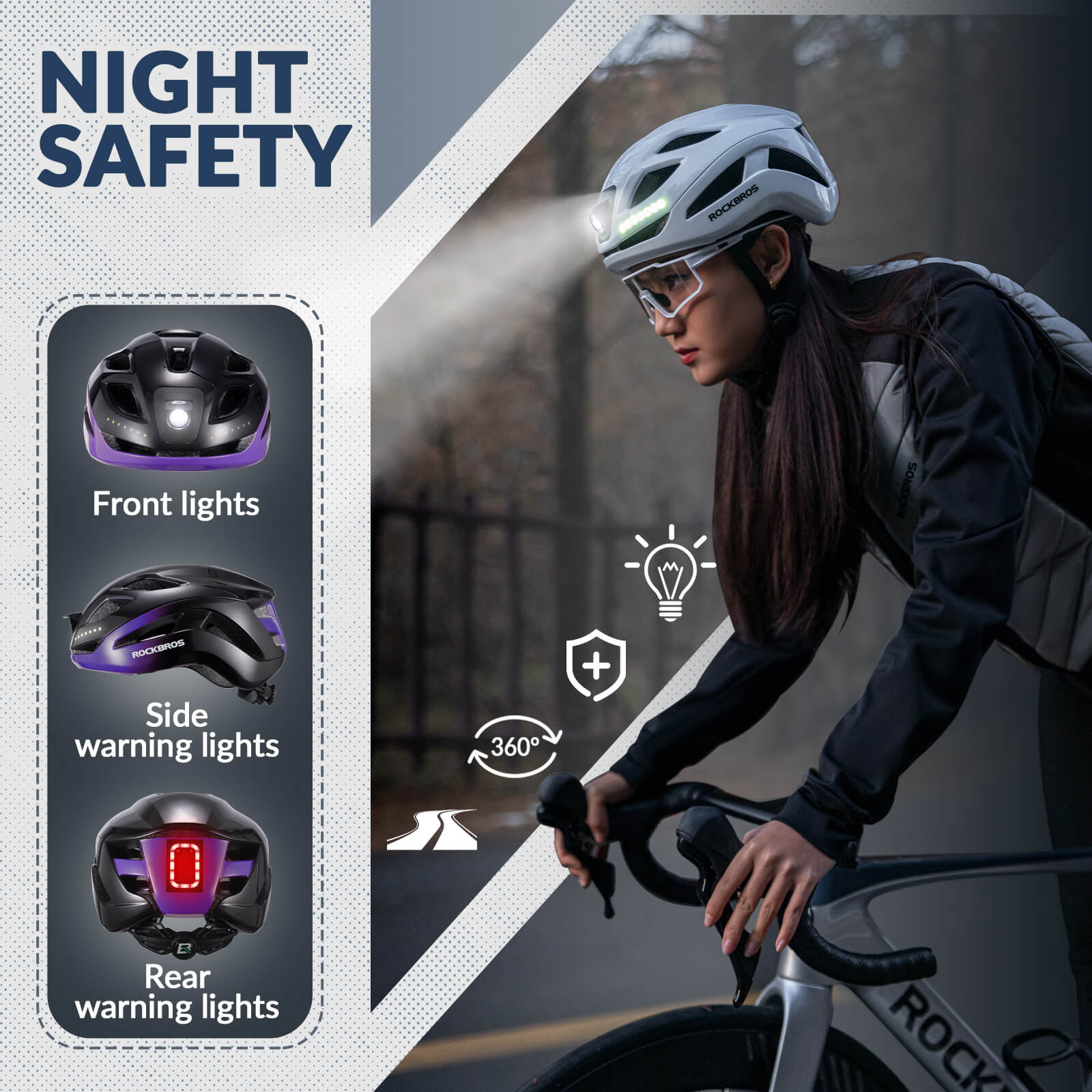 ROCKBROS Cycling Safety Helmet With Warning Lights USB-C Rechargeable
