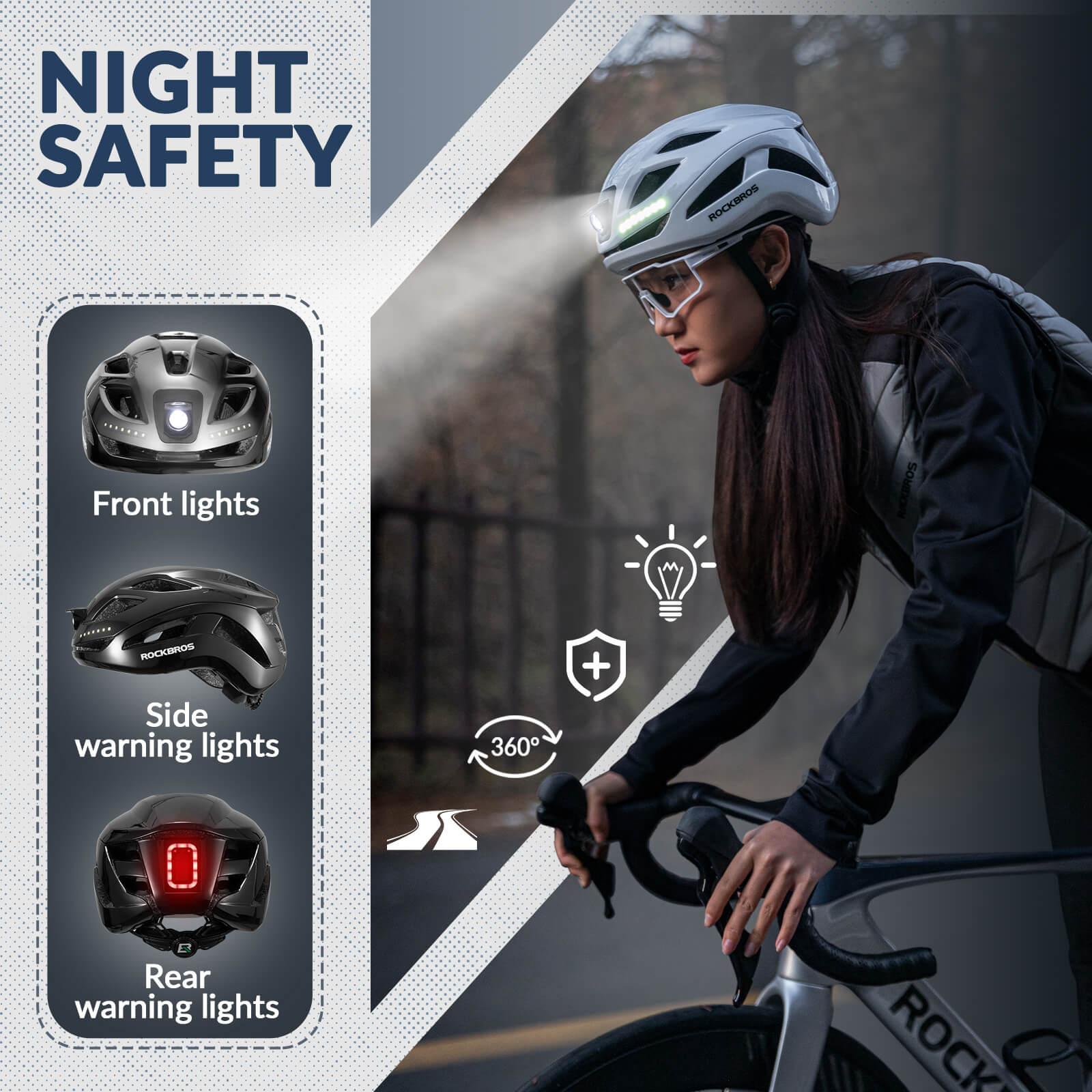 ROCKBROS Cycling Safety Helmet With Warning Lights USB-C Rechargeable