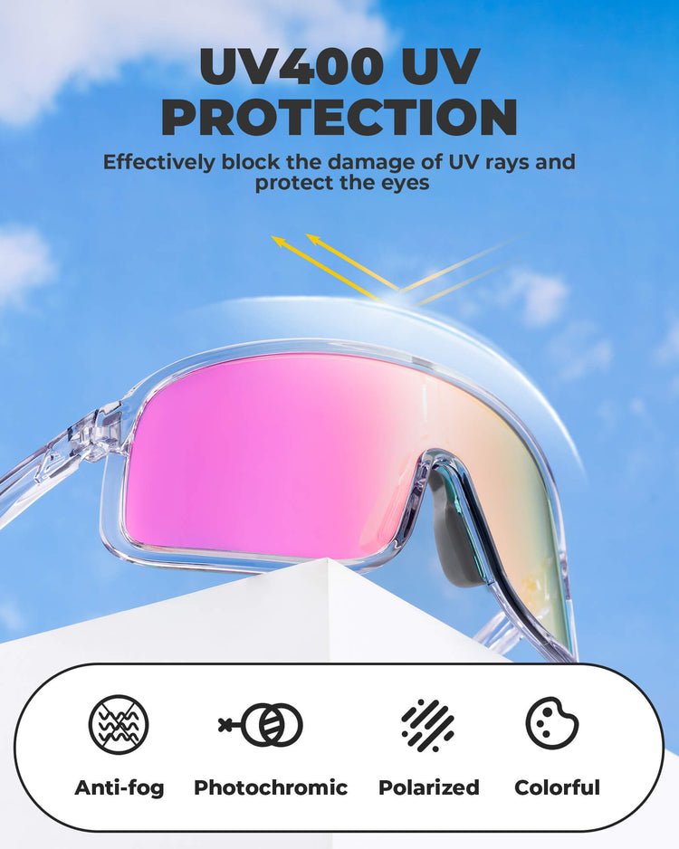 ROCKBROS cycling sunglasses with photochromic and polarized lenses, UV400 protection, ideal for outdoor sports and cycling.