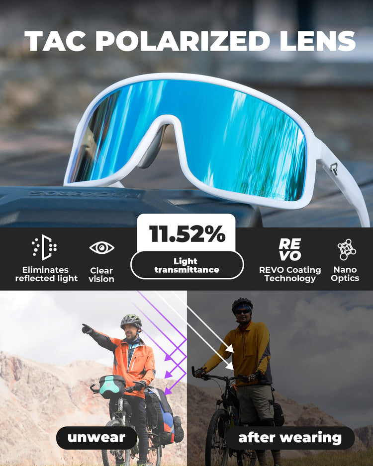 ROCKBROS cycling sunglasses with photochromic and polarized lenses, UV400 protection, ideal for outdoor sports and cycling.