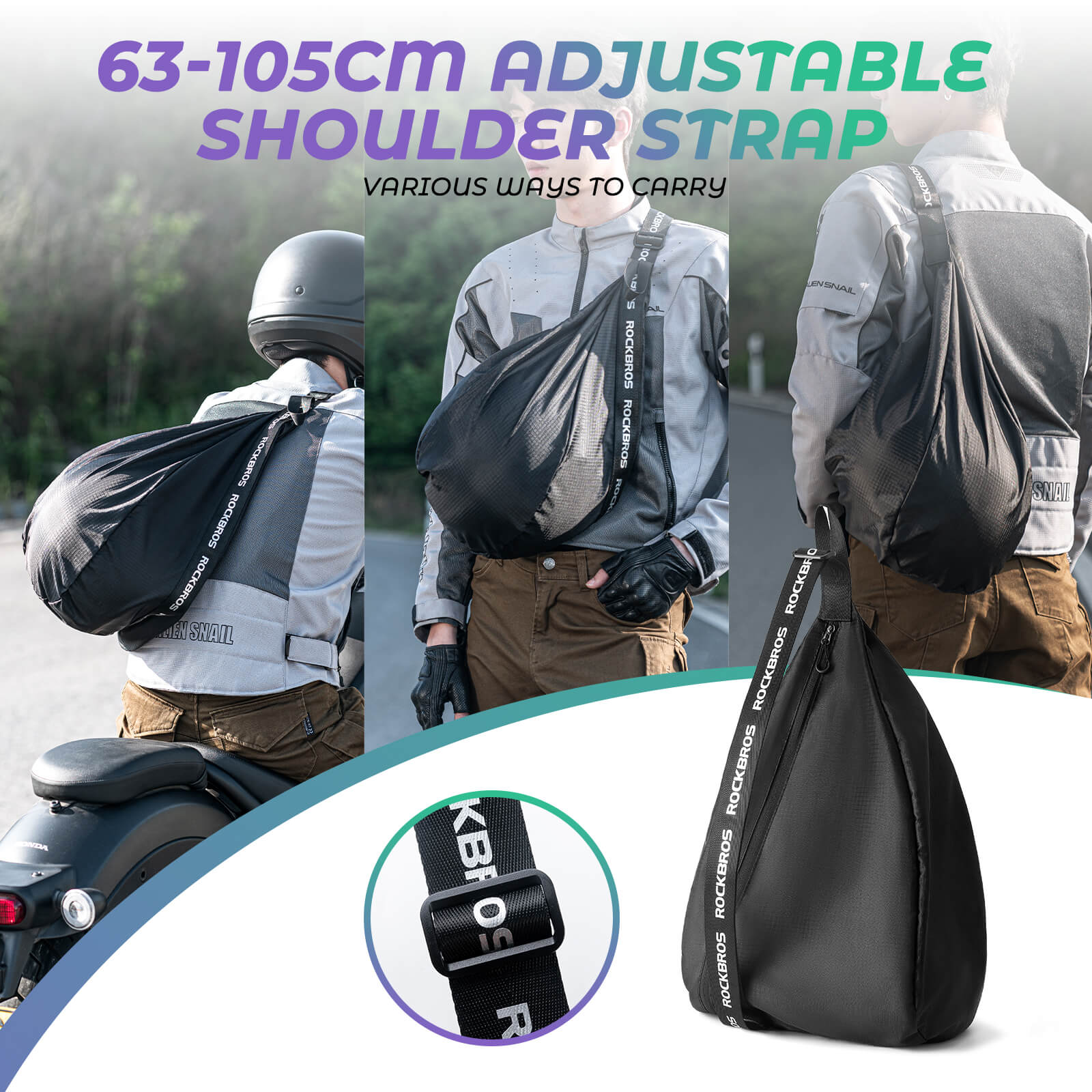 ROCKBROS Helmet Bag with adjustable shoulder strap and reflective features, designed for portability and convenience.