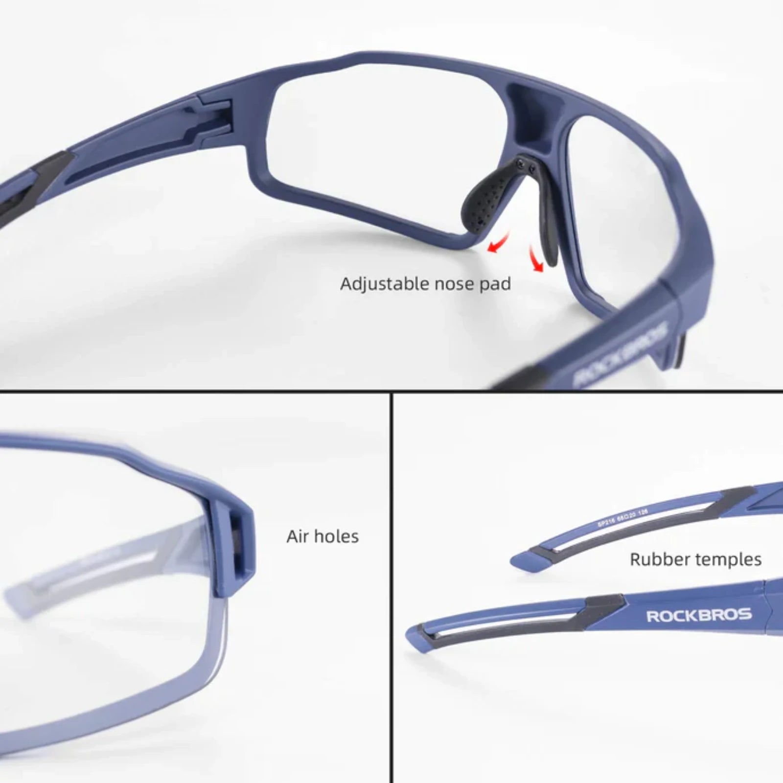 Blue eyeglasses with features highlighted on a white background