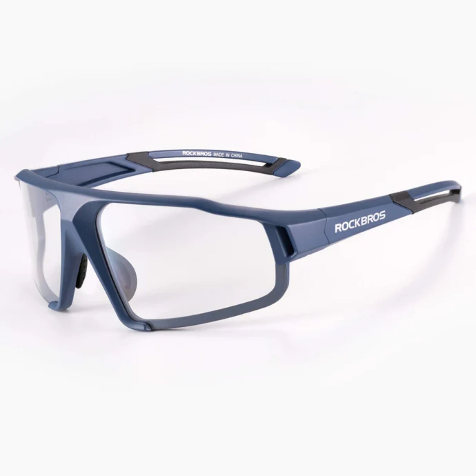 Blue and gray sunglasses with 'Rock Bros' branding on a white background