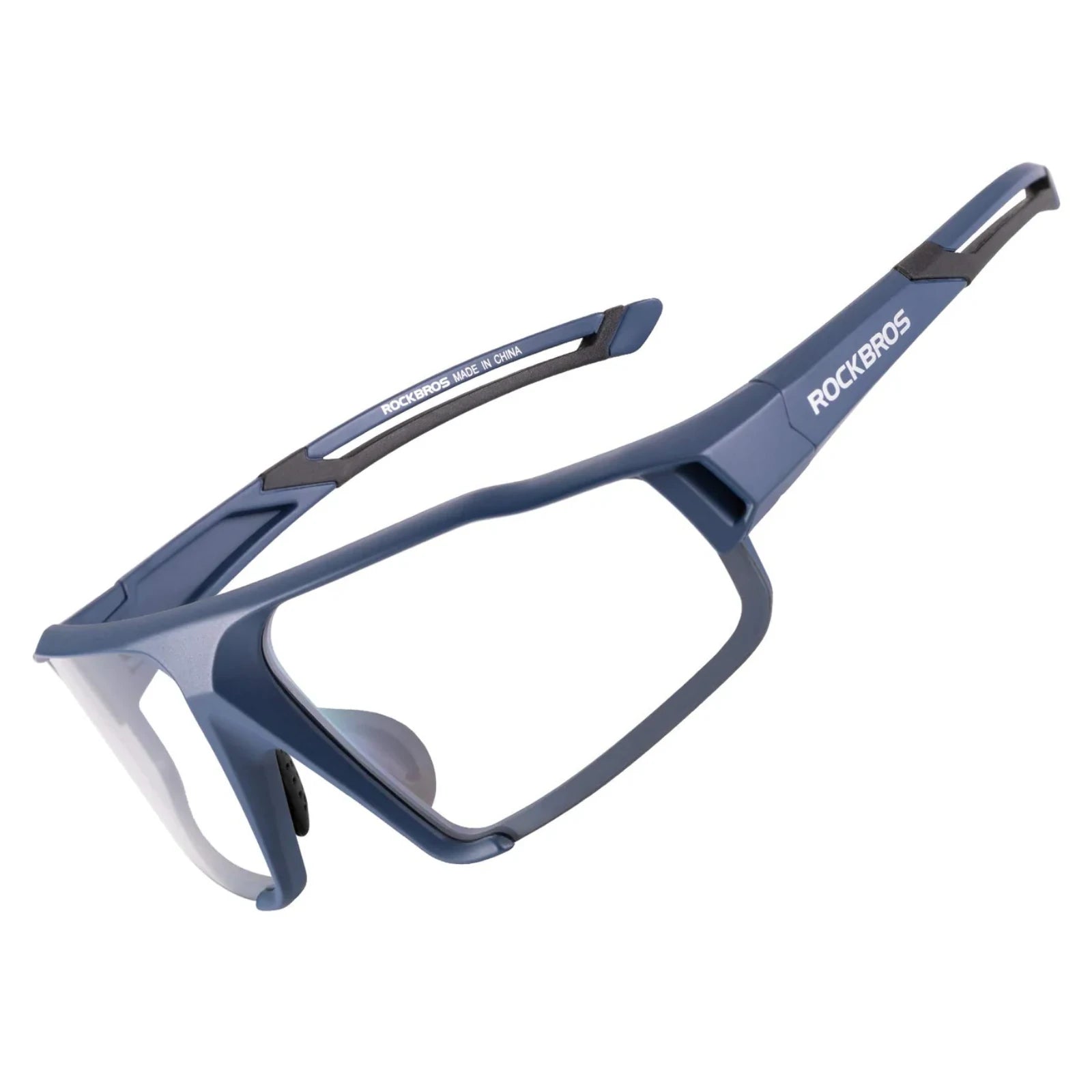 Blue and gray sunglasses with 'Rock Bros' branding on a white background