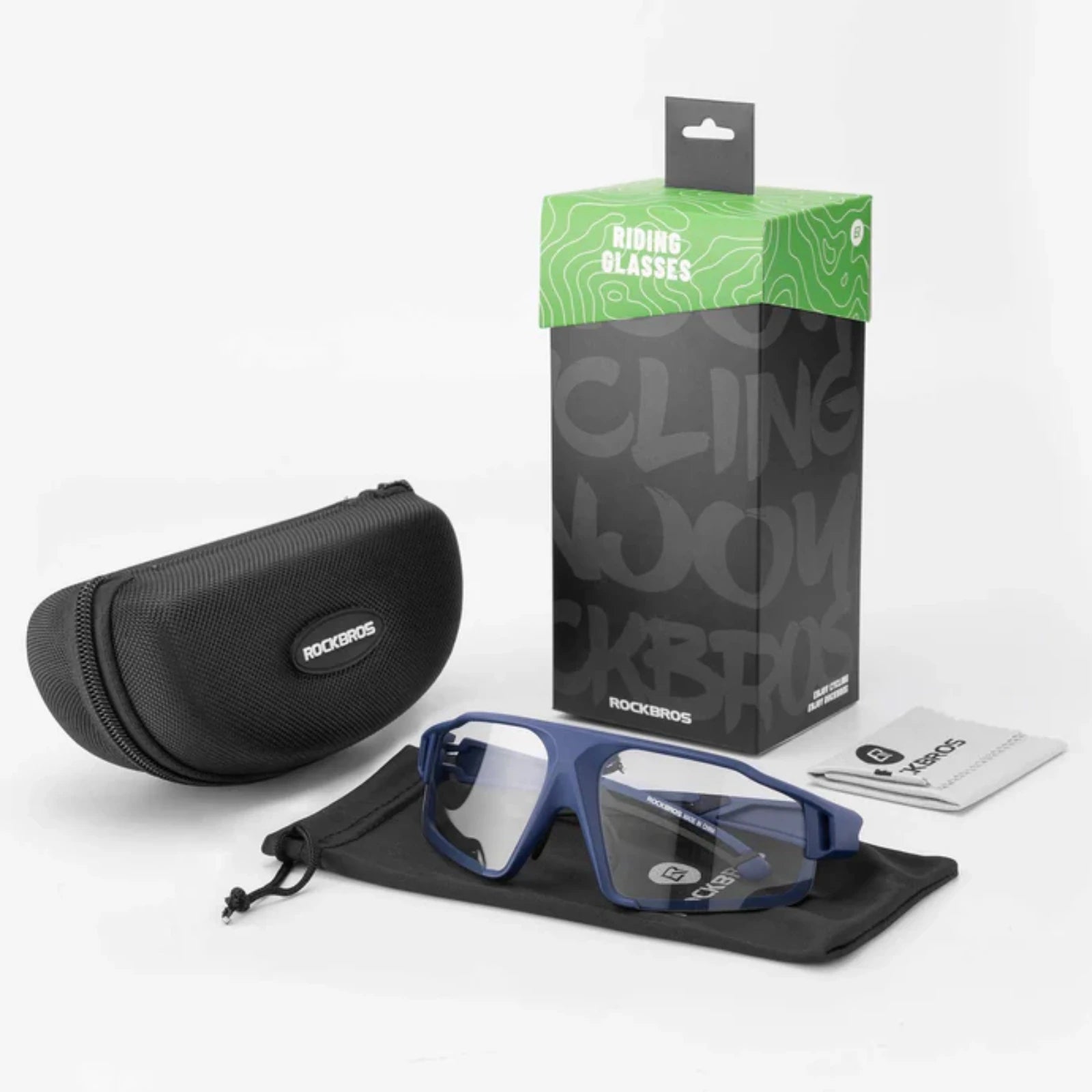Rockbros cycling glasses with case and packaging on a white background