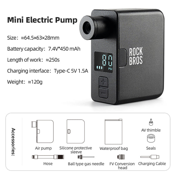 ROCKBROS portable mini electric bike pump AS1 PRO with LED screen, 120PSI, compact and efficient for cycling inflation.