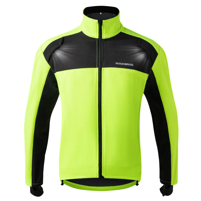 ROCKBROS Winter Thermal Cycling Jacket and Pants, featuring high visibility and windproof soft shell design, ideal for outdoor activities like cycling, running, and hiking.