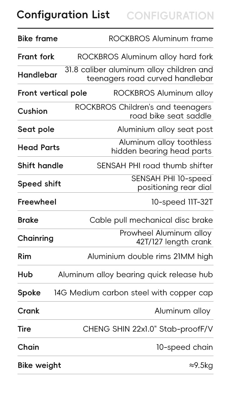 all-groups ROCKBROS TEEN-W22H Road Bike For Kids Teens Shimano 10 Speed Curved Handlebar Aluminum Alloy