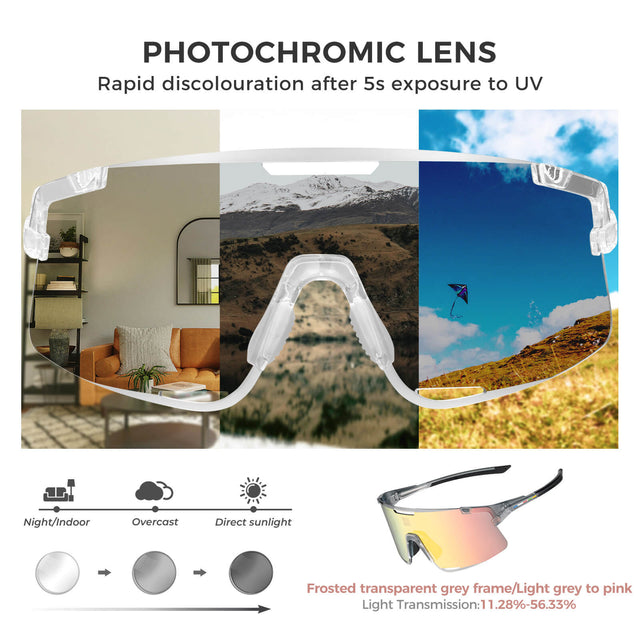 Road to Sky Photochromatic Cycling Sunglasses - BOUNDLESS, offering advanced photochromic lenses, windproof and sandproof protection, and dynamic light adaptation for an enhanced cycling experience