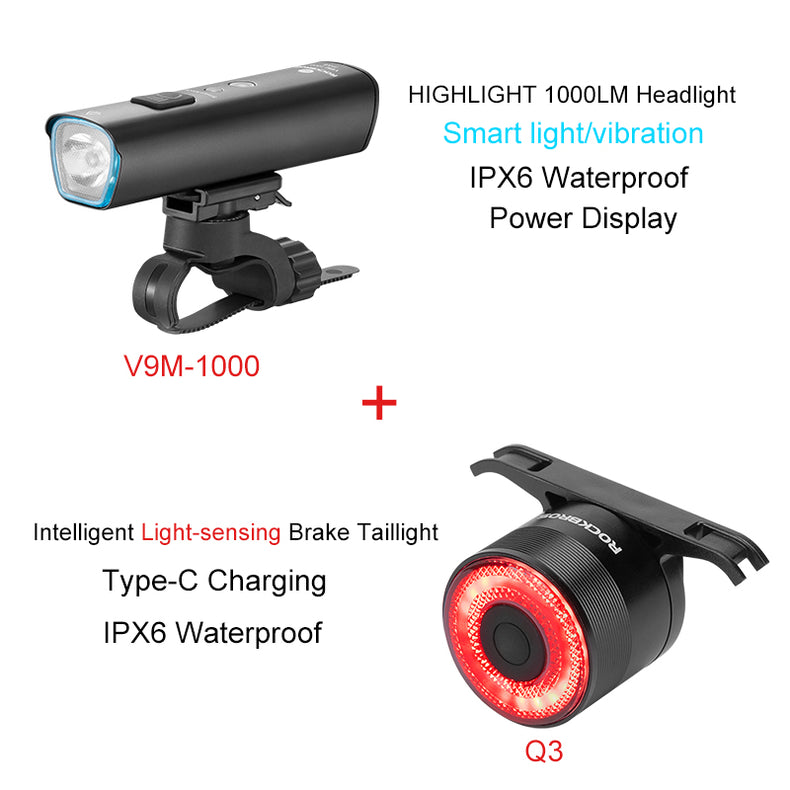 ROCKBROS 1000 Lumen Front Bike Light V9M-1000 + Smart Bike Brake & Tail Light Q3