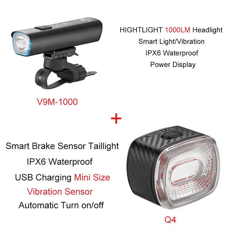 ROCKBROS 1000 Lumen Front Bike Light V9M-1000 + ROCKBROS Smart Bike Brake & Tail Light Q4