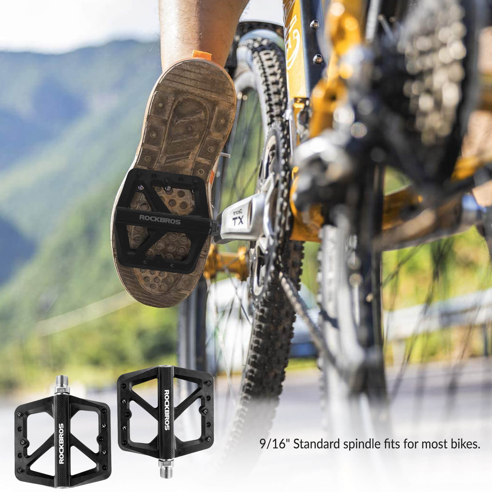 Wide platform composite pedals for comfortable long rides.
#color_black