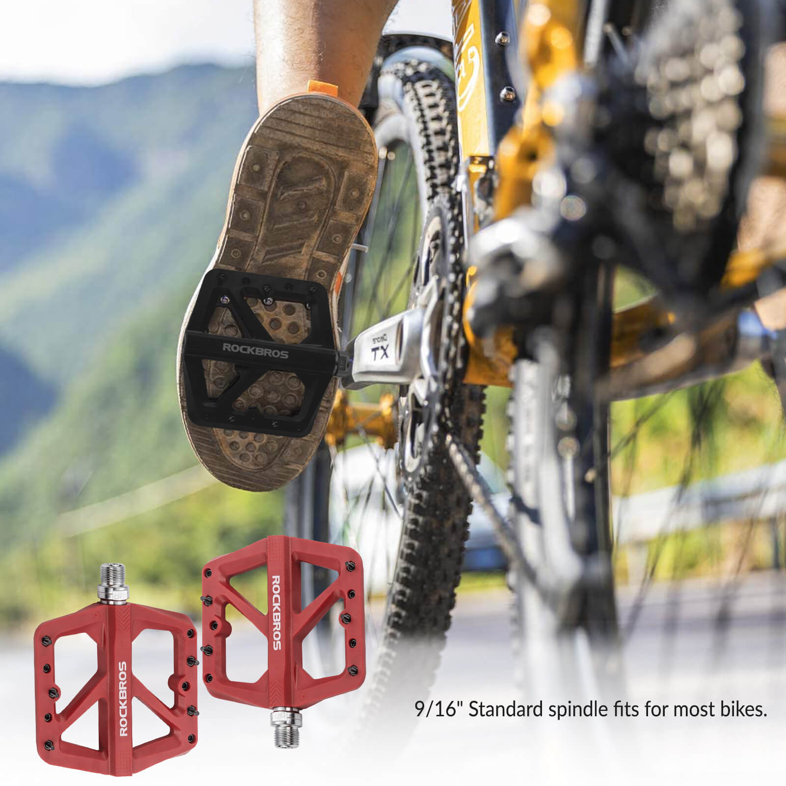 Wide platform composite pedals for comfortable long rides.
#color_red