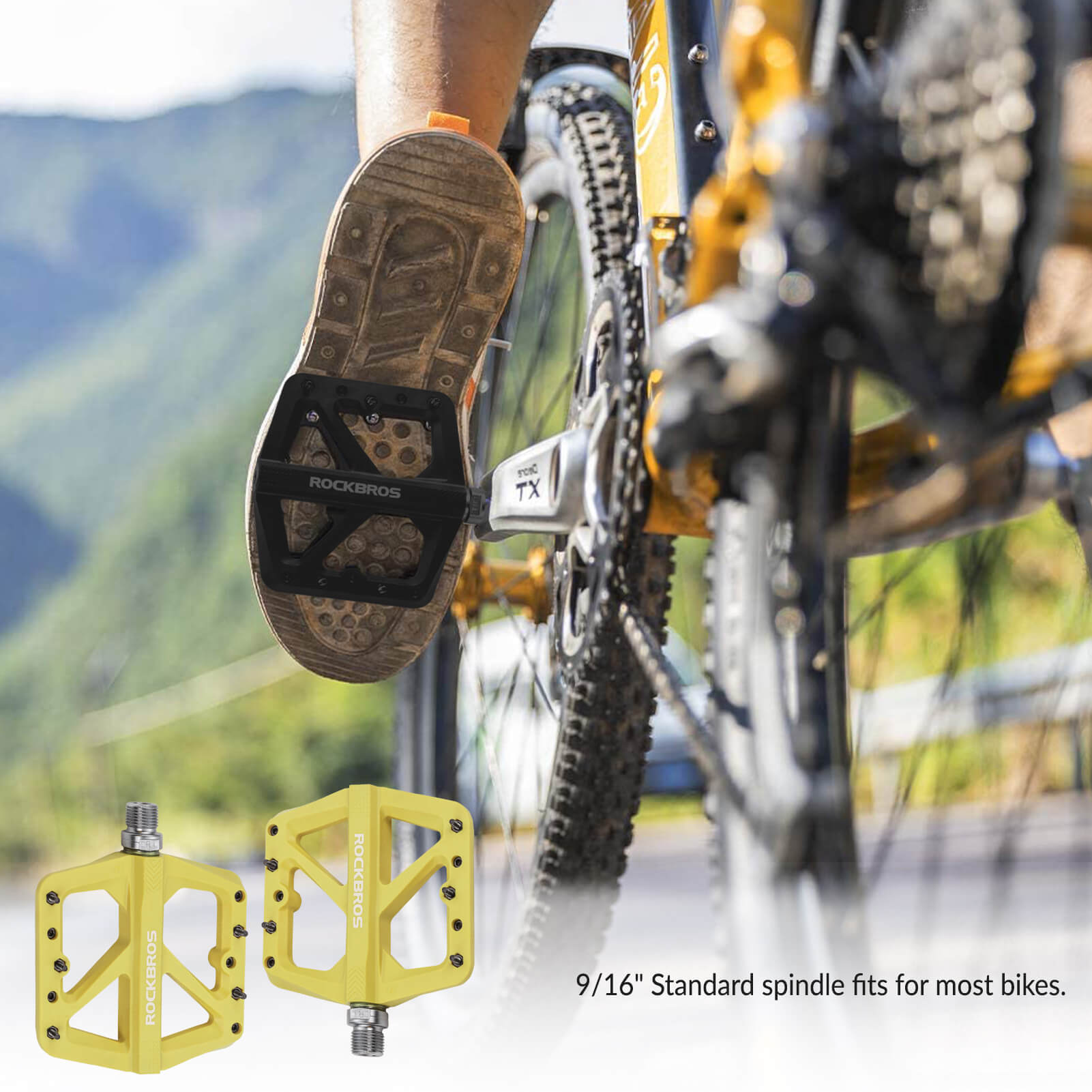 Wide platform composite pedals for comfortable long rides.
#color_yellow
