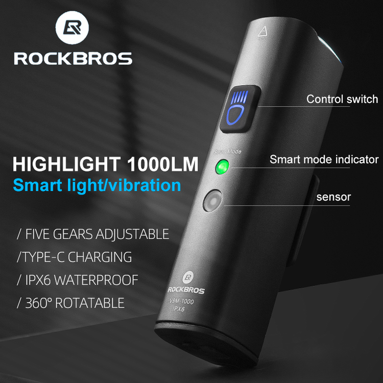 ROCKBROS 1000 Lumen Front Bike Light V9M-1000 + Smart Bike Brake & Tail Light 24520007001