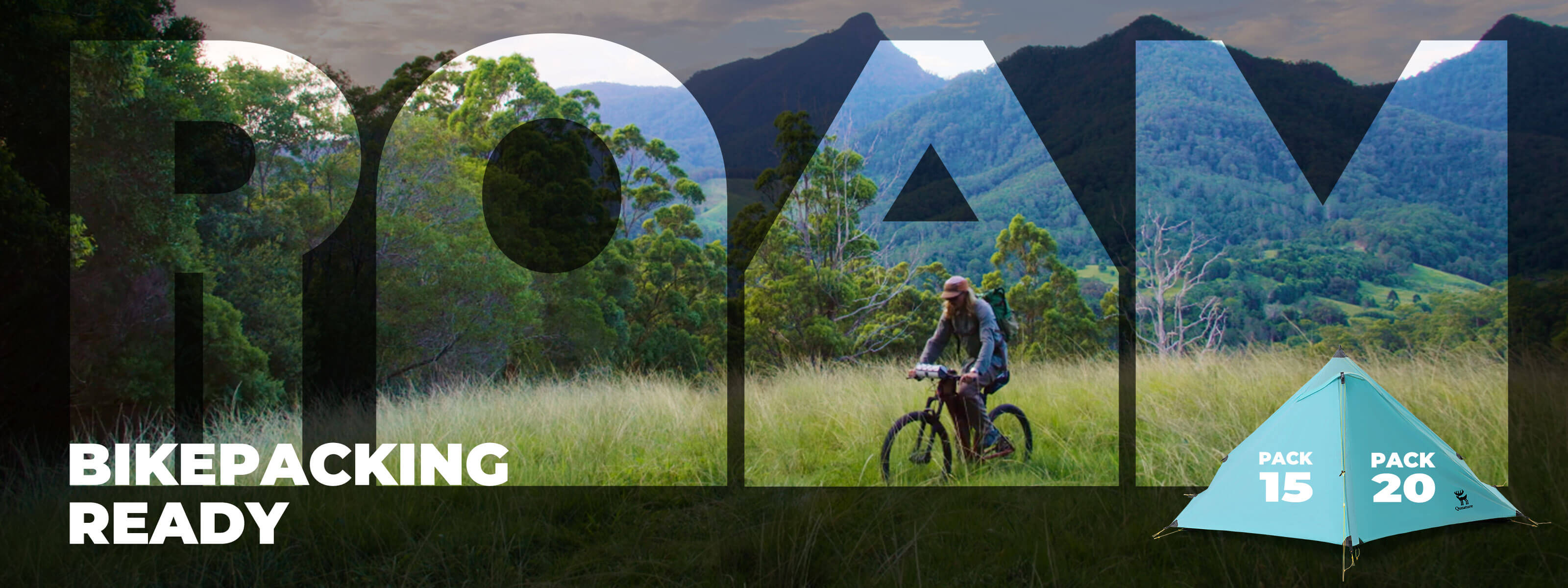 Wide panoramic banner for Rockbros Bikepacking event featuring a fully equipped gravel bike with waterproof bags against a scenic mountain sunset backdrop.