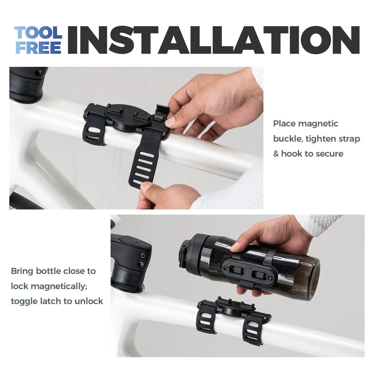 Insulated cycling water bottle with magnetic quick-release attachment.