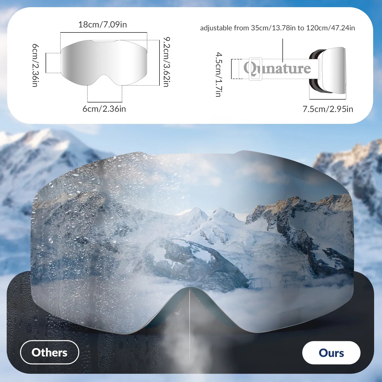 Close-up of Qunature anti-fog wide vision ski goggles lens technology.
#color_black