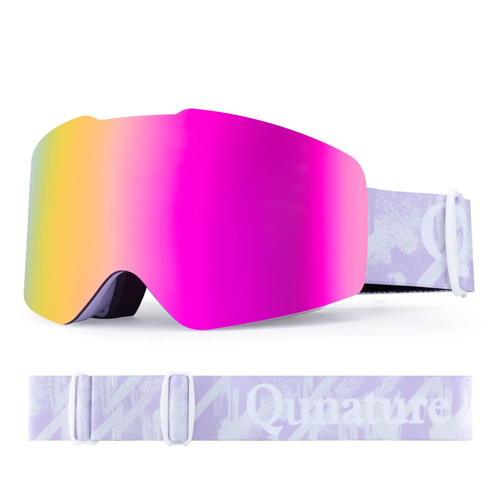 Close-up of Qunature anti-fog wide vision ski goggles lens technology.
#color_pink