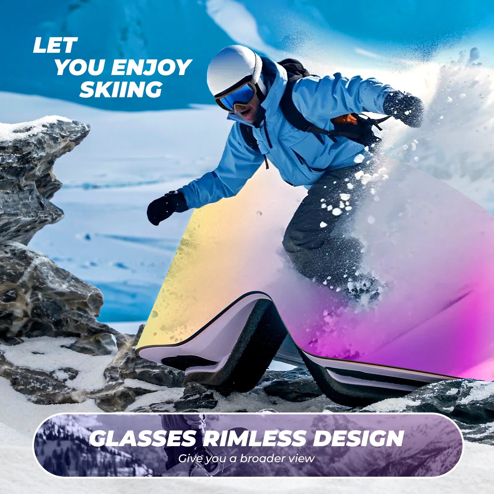Close-up of Qunature anti-fog wide vision ski goggles lens technology.
#color_pink