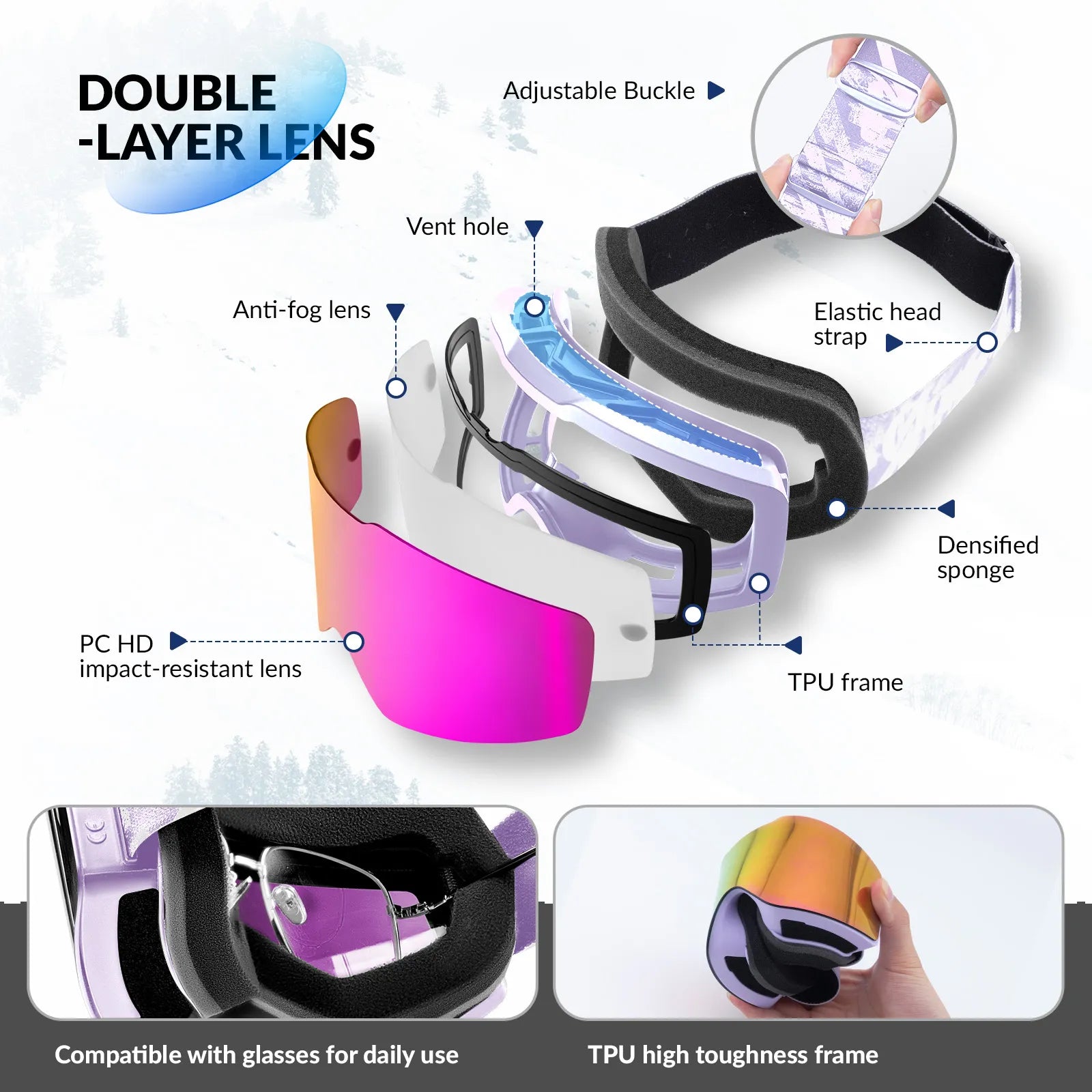 Close-up of Qunature anti-fog wide vision ski goggles lens technology.
#color_pink