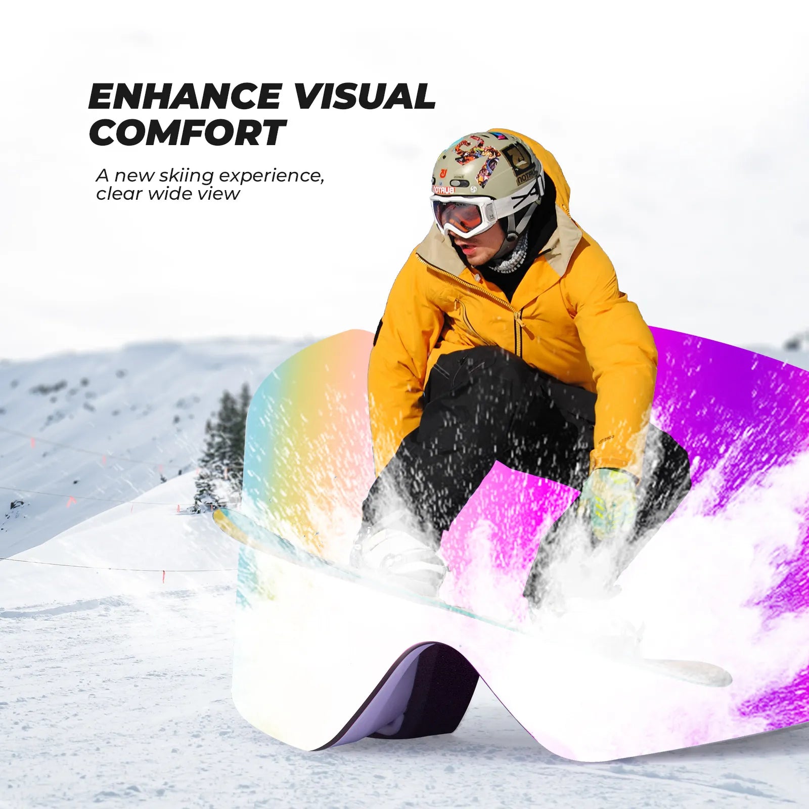 Close-up of Qunature anti-fog wide vision ski goggles lens technology.
#color_pink