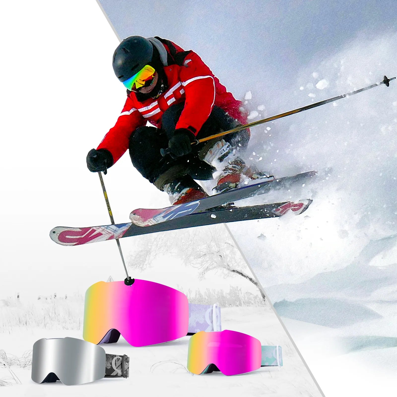 Close-up of Qunature anti-fog wide vision ski goggles lens technology.
#color_pink