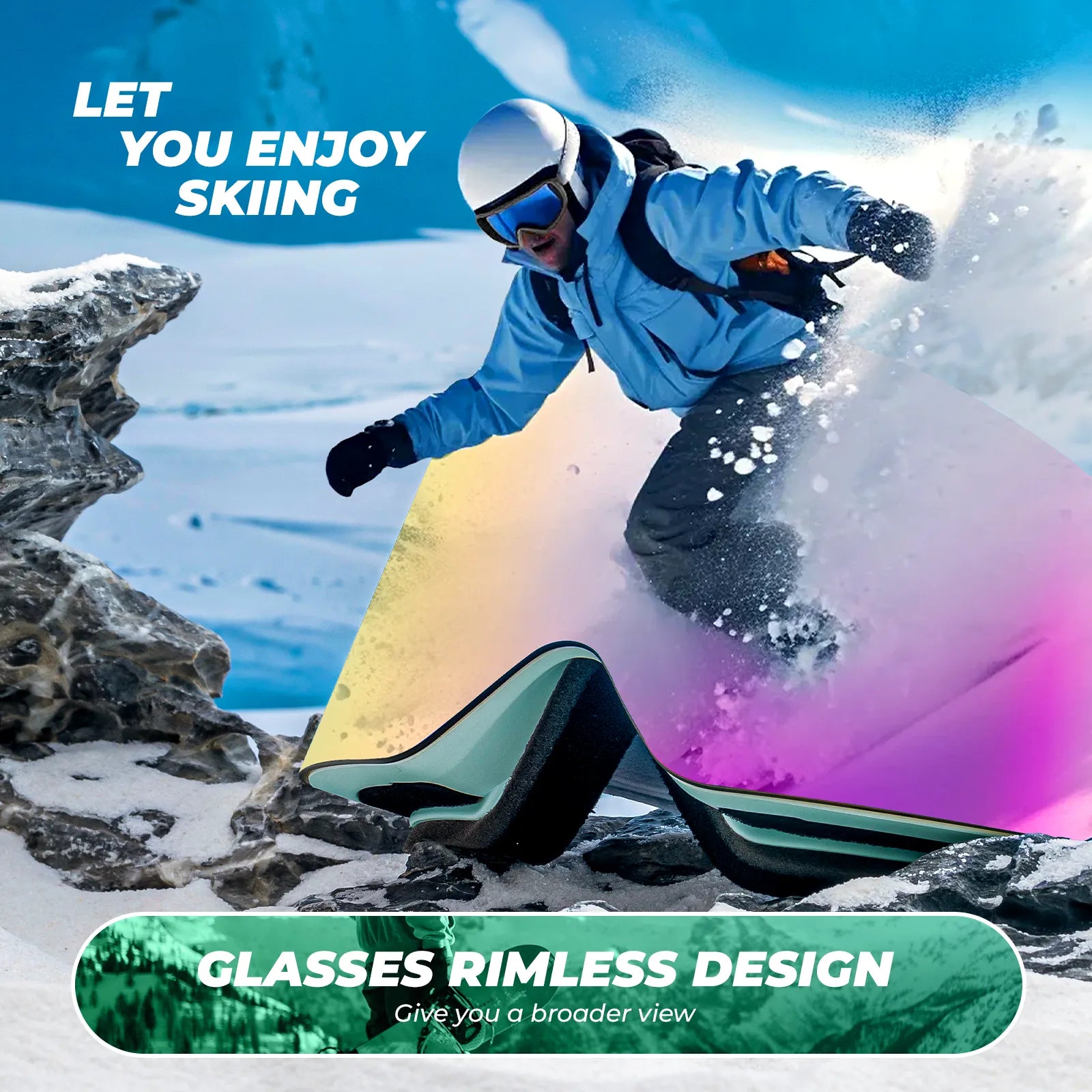 Close-up of Qunature anti-fog wide vision ski goggles lens technology.
#color_sky blue